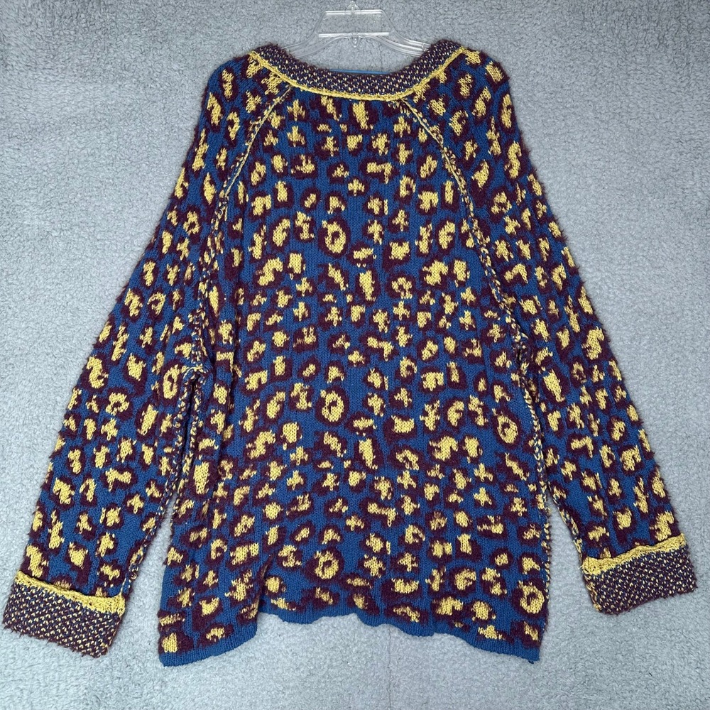 Free People Leopard Print Fuzzy Knit V Neck Sweater Blue Yellow Burgundy L - Picture 2 of 7